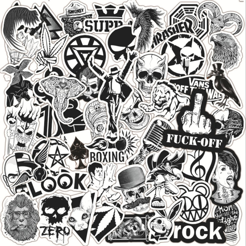 10/30/50 PCS Black and White Rock Personalized Graffiti Sticker Motorcycle Waterproof Trolley Case Sticker Toy Wholesale
