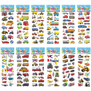 12 Different Sheets Crtoon Traffic Car Aircraft DIY Stickers Toys PVC Scrapbook for Children Diary Notebook Decoration Gifts