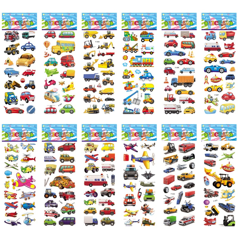 12 Different Sheets Crtoon Traffic Car Aircraft DIY Stickers Toys PVC Scrapbook for Children Diary Notebook Decoration Gifts